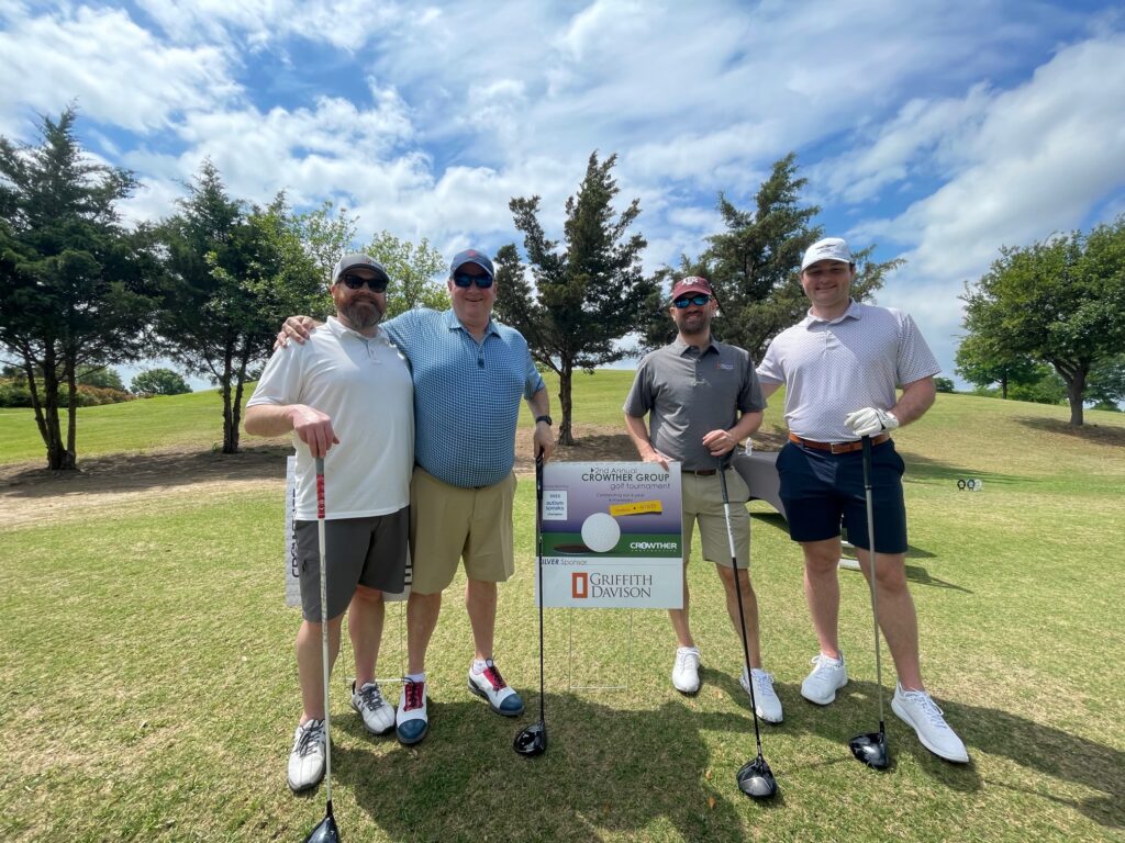 Griffith Davison, P.C. was a Silver Sponsor for the 2nd Annual Crowther Group Tournament, benefitting Autism Speaks. Attorneys from Griffith Davison who participated in the tournament  included L-R: Grant Jordan, Pat Mulry, JP Neyland, and Caleb Johnston.